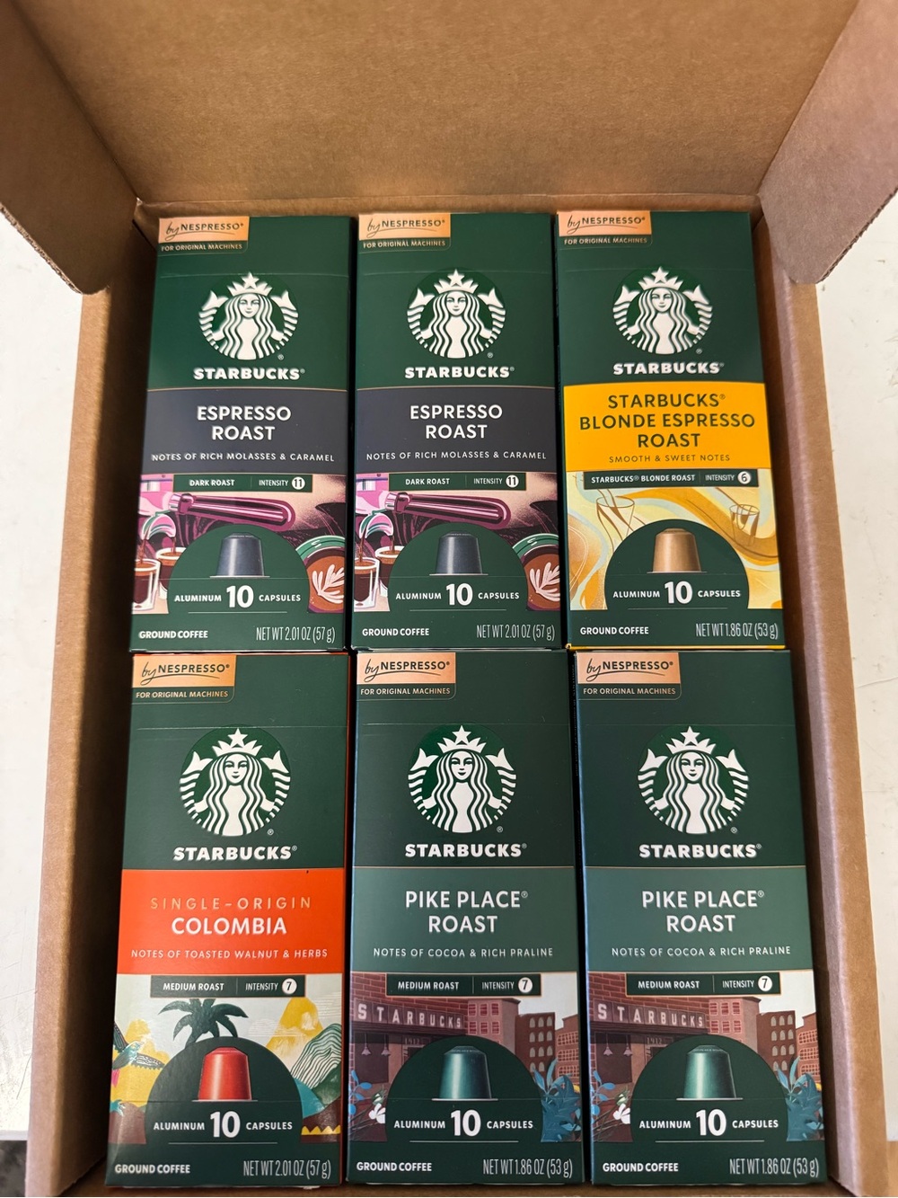 Starbucks Nespresso 60 capsule Espresso Roast and Pike Place Roast coffee